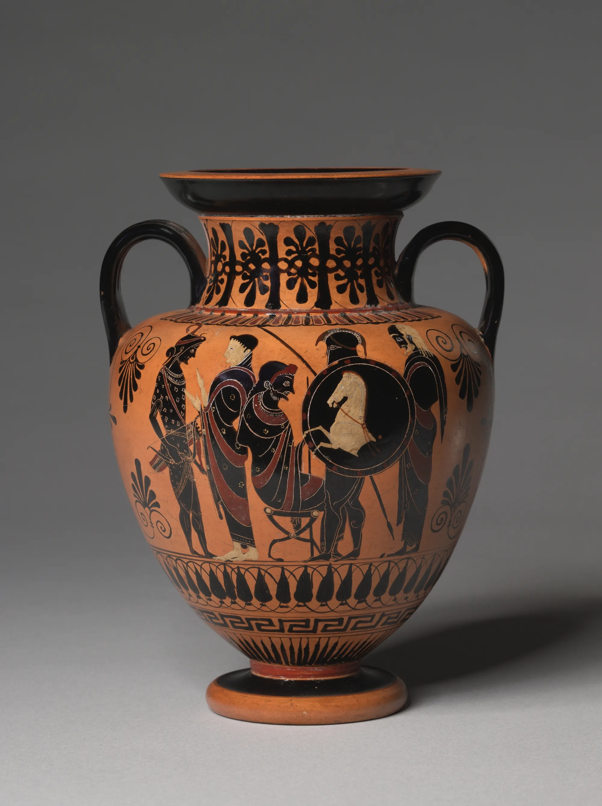 Greek workshop — Black-Figure Neck-Amphora (Storage Vessel): Departing Warriors (A); Dionysos and Satyrs (B). The Cleveland Museum of Art, CC0.
